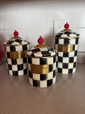 Mackenzie-Childs Courtly Check Canister Set (3) Black & White Tea Tins/Storage